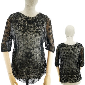 Antique French blouse, vintage Irish crochet blouse for woman, elegant black color lace top