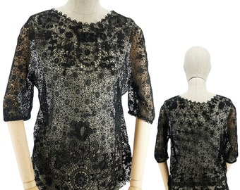 Antique French blouse, vintage Irish crochet blouse for woman, elegant black color lace top