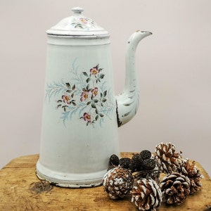 Enamel French COFFEE POT, white base & transfer decor of dog roses, BW Austria, french enamelware, Antique chocolate pot, wooden handle