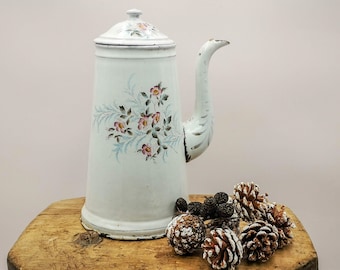 Percolateur à café vintage en émail : pot floral des années 1950 - France