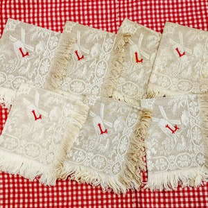 Servilletas francesas antiguas, servilletas de lino de damasco con molinos de viento y gallos, color natural, monograma rojo L, juego de 7 servilletas francesas antiguas