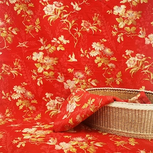 Antique French fabric, cretonne fabric, red background, flowers & birds, lot of 2 panels, French fabric for projects, antique French textile