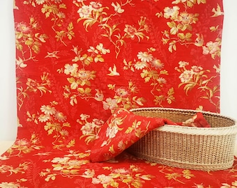 Antique French Cretonne Fabric, Red Floral Bird Textile, 2 Panels