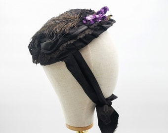 Antique French Millinery Hat, Black Lace, Feather, Ribbons, Violets, Edwardian