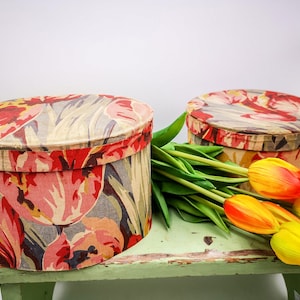 Antique FRENCH FABRIC  Boudoir box, vintage french textile box with tulips, antique boudoir box, french home decor, romantic boudoir box