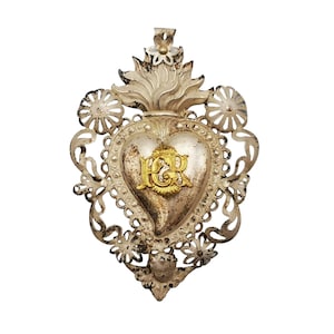 Antique Sacred Heart Ex-Voto, Flaming Heart, PGR (Per Grazia Ricevuta), Angel Head, 14.5 cm, Early 1900s Collectible