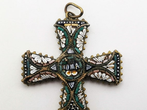 Antique Italian micro mosaic cross pendant, vinta… - image 3