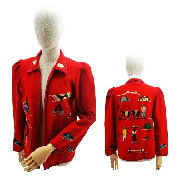 Vintage Jacket in Red Woolen Cloth Embroidered Women s Jacket