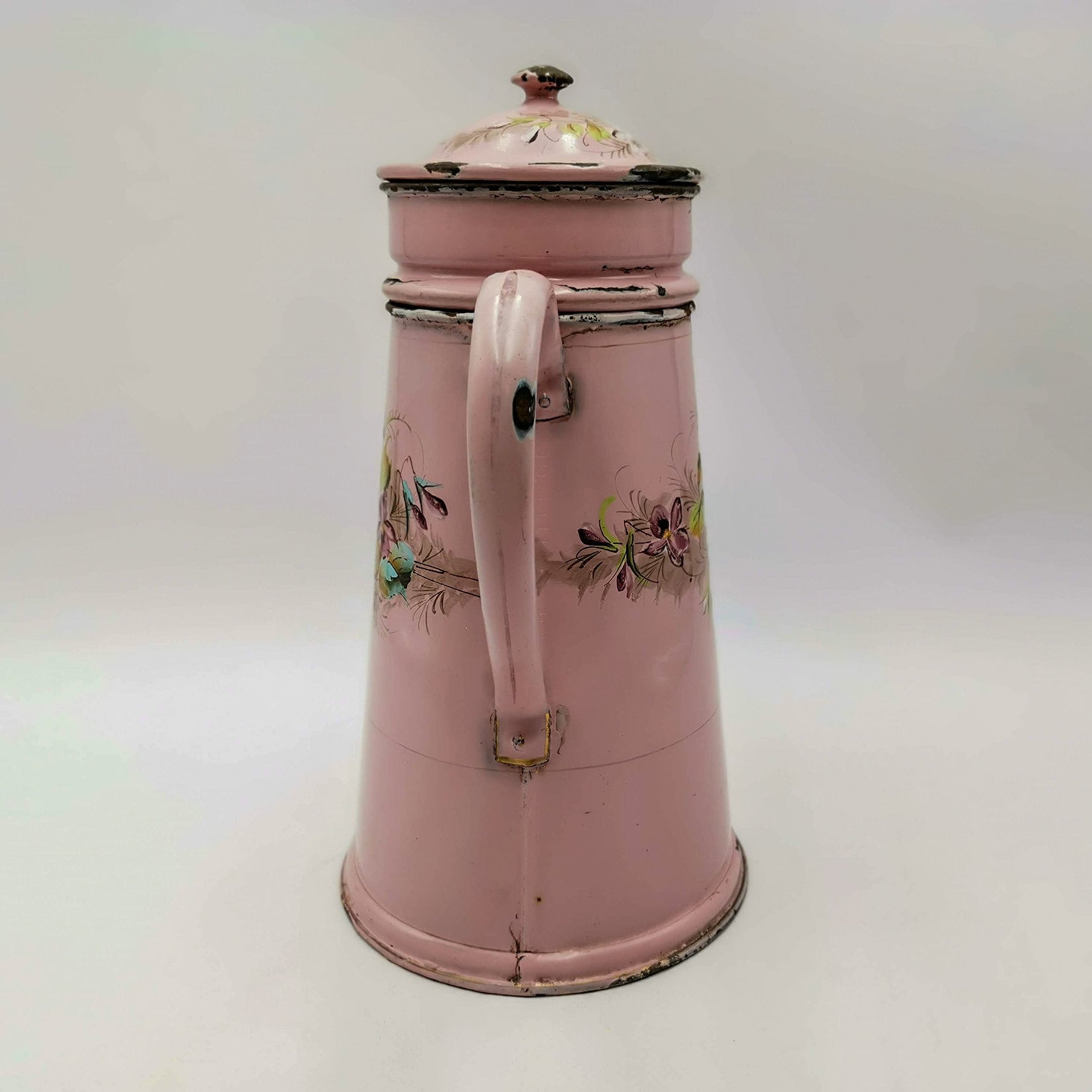 Antique French Enamel Coffee Pot, Pink Violets, Japy Style, 1900s