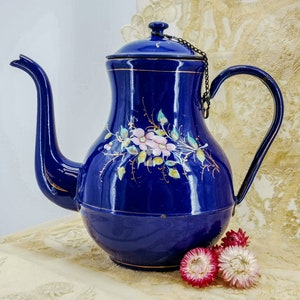 Antique enamel COFFEE Pot, cobalt blue, hand painted pink dogroses, raised enamel, French enamel coffee biggin, Antique enameled coffee pot