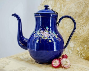 Antique enamel COFFEE Pot, cobalt blue, hand painted pink dogroses, raised enamel, French enamel coffee biggin, Antique enameled coffee pot