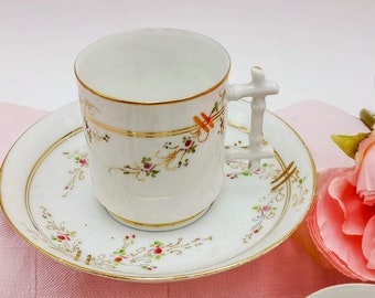 Antique French porcelain coffee cup and saucer, hand painted decor with tiny pink roses and gildings, unsigned, Vieux Paris cup & saucer