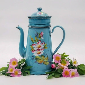 Antique enameled French Coffee pot, hand painted pink dogroses, Antique enameled light blue coffee pot, French vintage enamel coffee pot