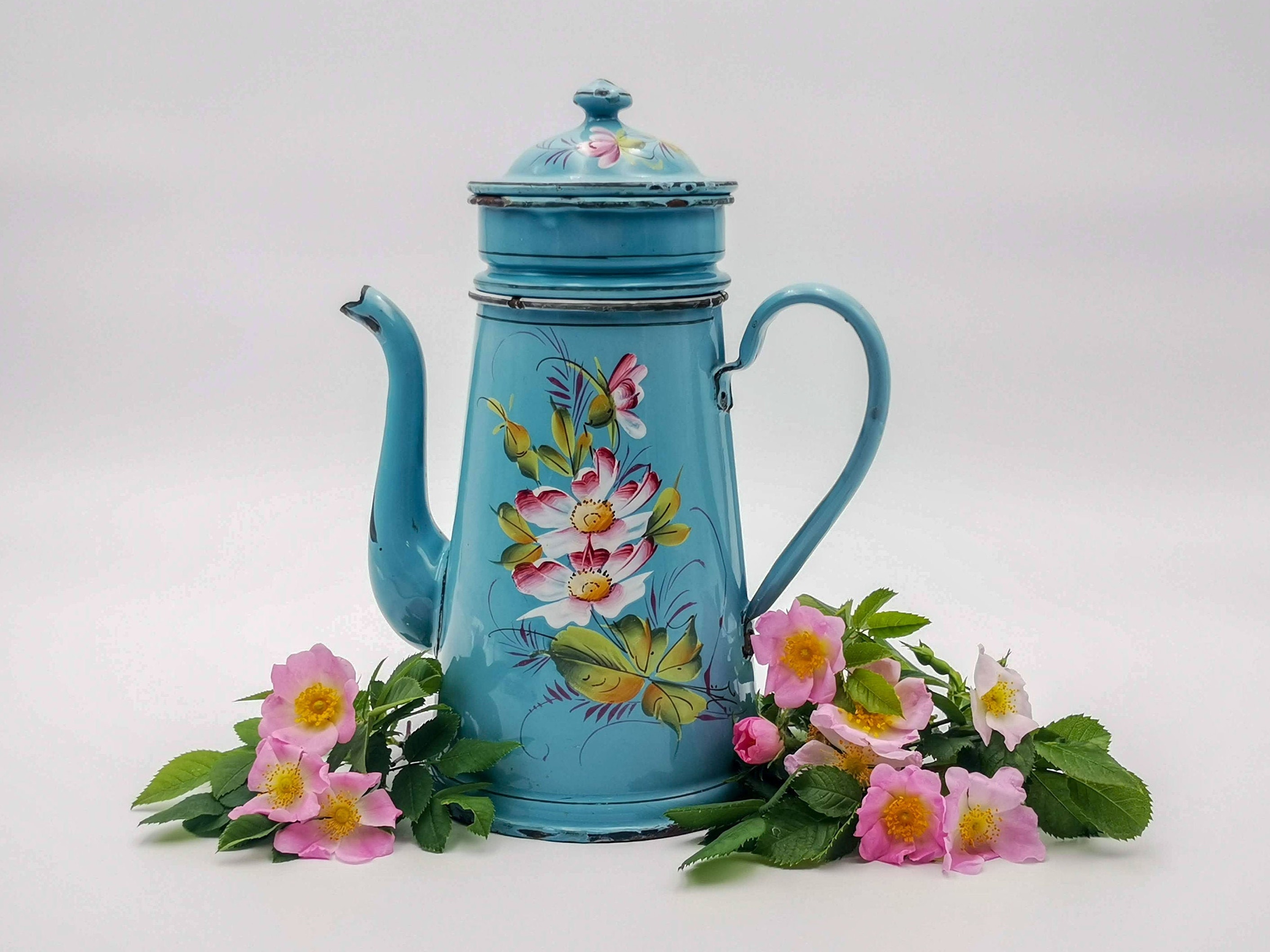 Antique Enameled French Coffee Pot, Hand Painted Pink Dogroses