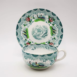 Antique rare French ironstone chocolate cup and saucer, multicolor transfer decor of pheasants, Sarreguemines, French large cup & saucer