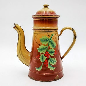 Enamel French COFFEE BIGGIN shades of caramel, hand painted holly, french enamelware coffee pot vintage, Antique enamel coffee pot