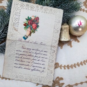 姪から叔父と叔母に宛てたアンティークのフランスのクリスマス レター、カットワークのレース ペーパー シート、ダイ カット クロモ、クリスマス レター 1904 年