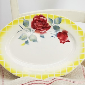 Vintage French oval dish, ceramic serving dish, oval plate Digoin model Octave, very rare Digoin dish, light yellow decoration and red roses