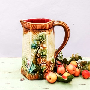 Antique French majolica barbotine water jug or pitcher, shades of green and brown, ivy leaves, antique french majolica jug Onnaing