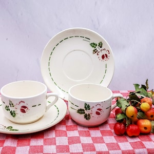 Antique French ceramic coffee cups and saucers, red roses decor, antique french cup, Digoin style cups, unreadable mark, vintage french bowl