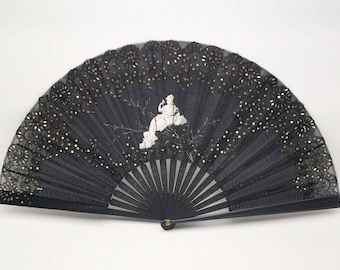 Grand éventail Ancien En Dentelle Chantilly Peinte à La Main - Nacre Et Soie, époque 1900