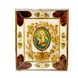 Antique Italian religious diorama with oval Madonna chromo, 3 D embellishments paperolles & textile flowers