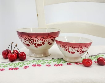 Antique French cafè au lait bowl stenciled and airbrushed cherries in tones of red and pink, unsigned, antique collectable bowl, ca 1930's