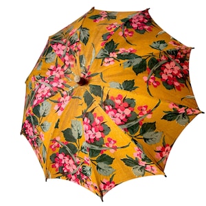 1920s Art Deco Parasol – Antique Floral Cretonne Fabric Umbrella – Hand Painted Wooden Handle – Ochre Pink Green – Vintage Sun Umbrella
