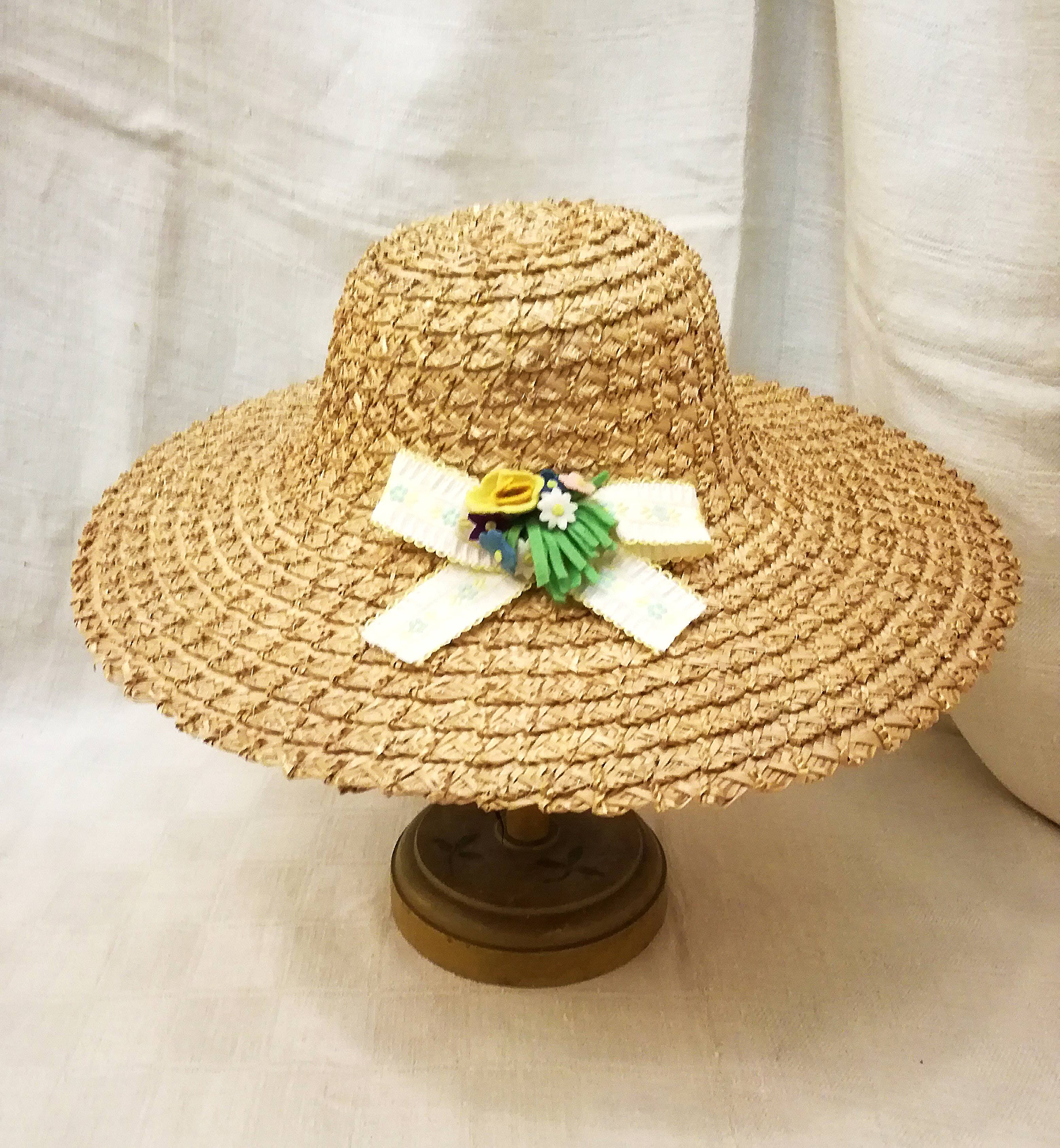 Vintage Italian Straw Sun Hat, Florence Millinery Flowers 