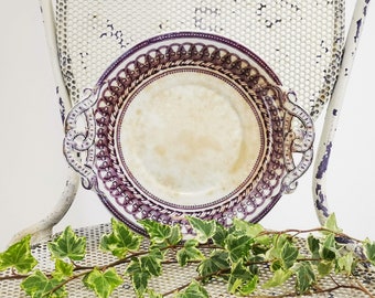 Antique English ironstone plate with handles, purple transfer decor plate, tea-stained ironstone plate Doulton Burslem