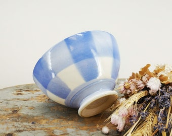 Vintage French Ceramic Café au Lait Bowl, Blue Checks Design, Givors Tableware, Antique Collectible Dining Decor