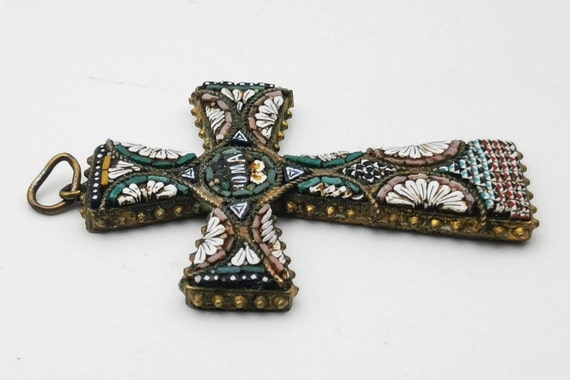 Antique Italian micro mosaic cross pendant, vinta… - image 7