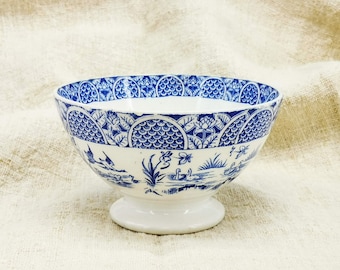 Cuenco antiguo francés opaco de Gien, cerámica azul transferida, decoración de patos japoneses