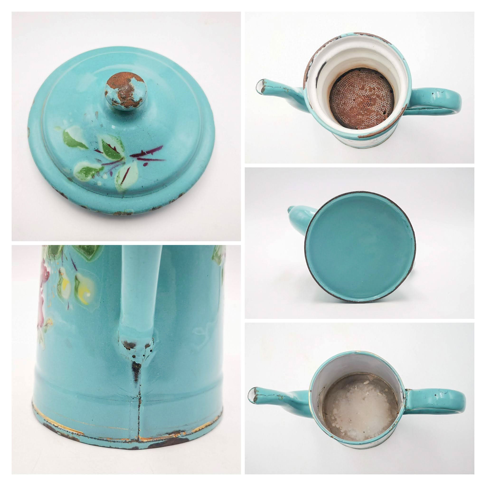 Antique French Enamel Coffee Pot, Teal Blue Roses Landscape, Japy