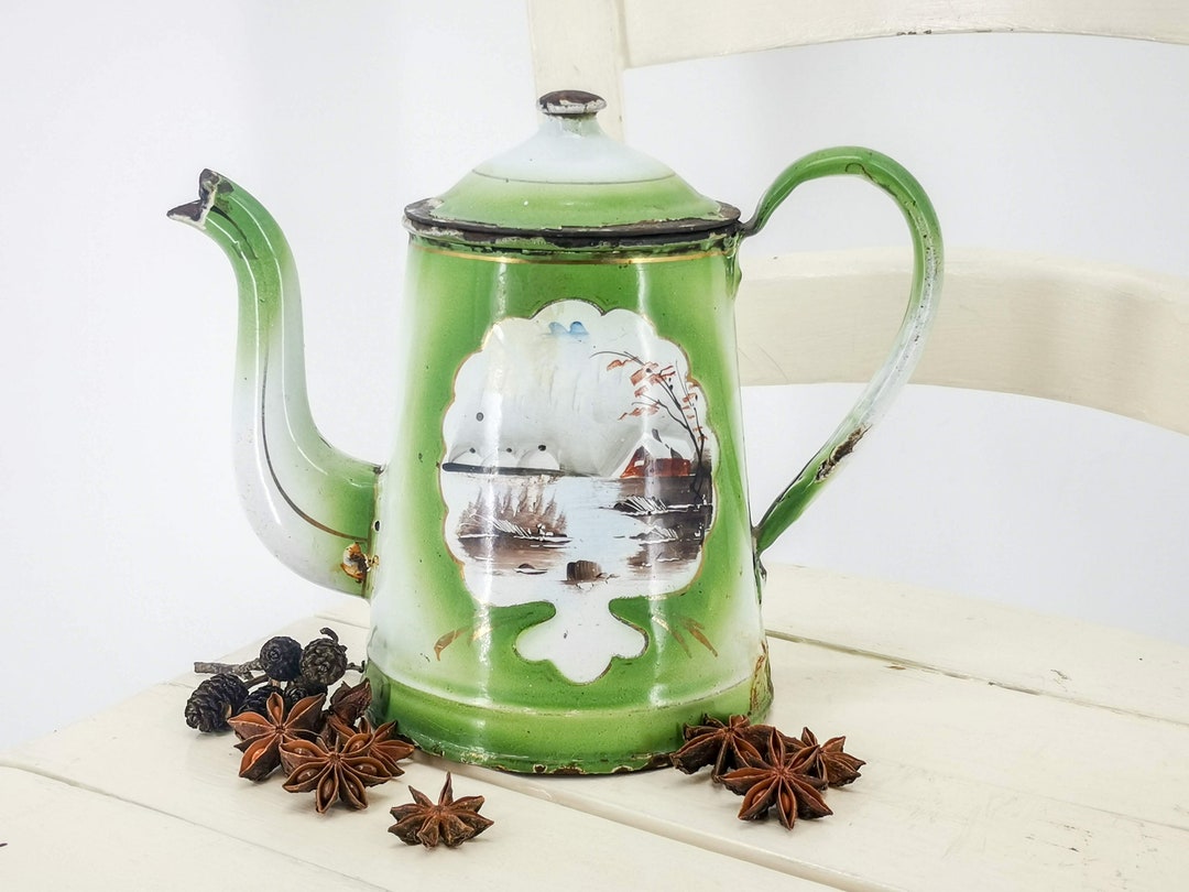 Antique Enamel French Coffee Pot Light Green Shades & Hand Etsy