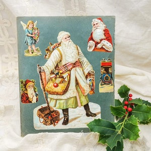 Antica cromo molto rara, con Babbo Natale vestito in bianco, in stile Russo, cromo vittoriane Babbo Natale da collezione, epoca fine 1800