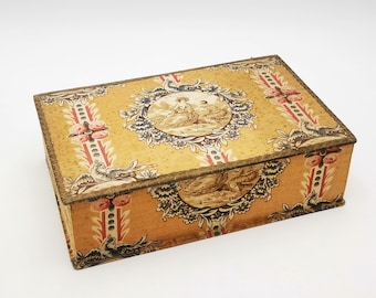Antique FRENCH FABRIC Box, vintage textile box for haberdashery, medallion with courting couple, Antique french fabric Boudoir box au Louvre