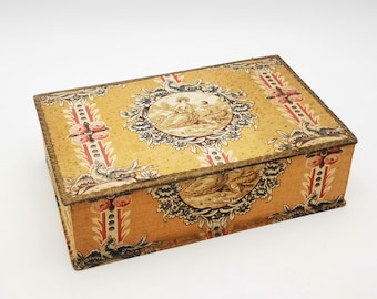 Antique French Fabric Box, Courting Couple Medallion, Boudoir Decor