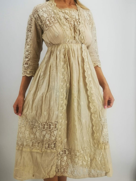 Antique French beige dress, late Edwardian era af… - image 2