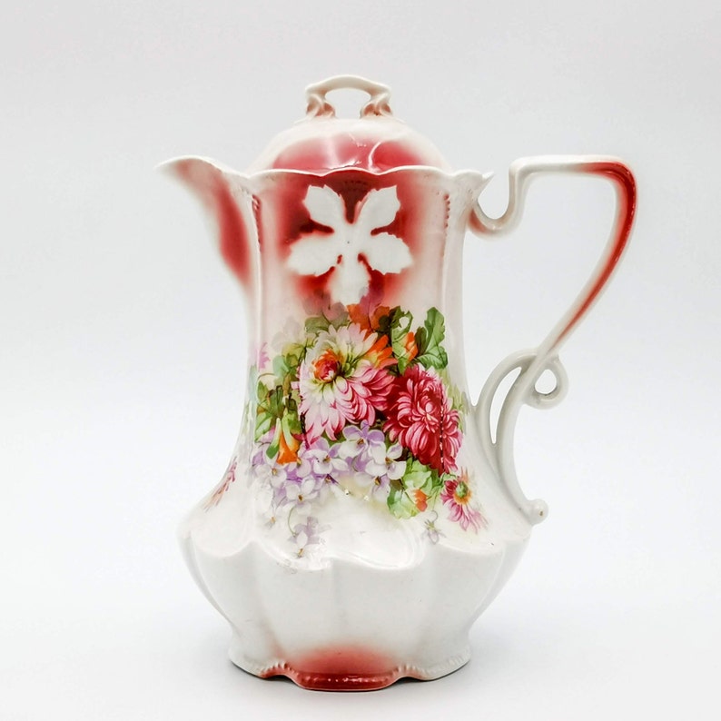 Antique porcelain coffee set, Art Nouveau era German porcelain coffee set, pink shades and transfer flowers, romantic coffe set early 1900 image 2