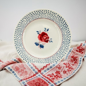 Antique French ceramic dish, large dish signed Digoin Sarreguemines, model Rene, decoration with rose, border with blue - gray dots