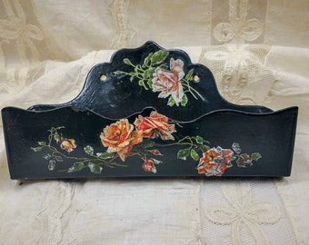 Antique French boudoir wall hanging comb holder or antique letters rack, black papier mache with pink roses in Catherine Klein style
