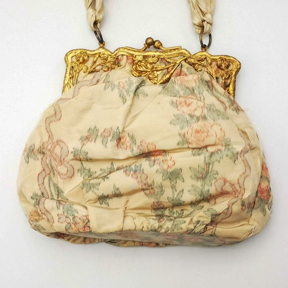 ANTIQUE chiné Silk Purse, garland of pink ROSES c… - image 4