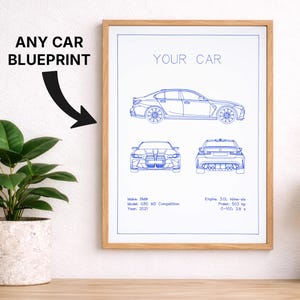 Custom Car Blueprint Drawing – Personalized Technical Car Poster, Drawn Automotive Wall Art, Gift for Car Lovers