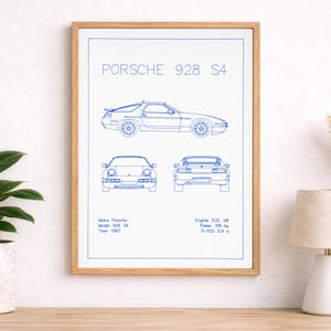 Porsche 928 S4 Ritningsaffisch – Teknisk bilkonst, plotterkonst, bilgåva, bilväggdekor, bilkille-garageväggkonst