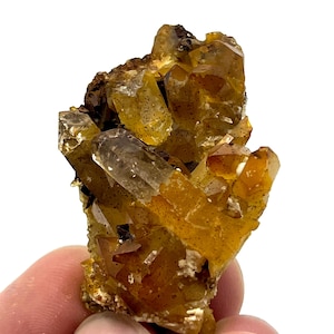 Puede incluir: Un grupo de cristales de cuarzo de color amarillo dorado. Los cristales tienen terminaciones afiladas y puntiagudas y están agrupados, creando una superficie texturizada. El cuarzo es de un rico color ámbar.