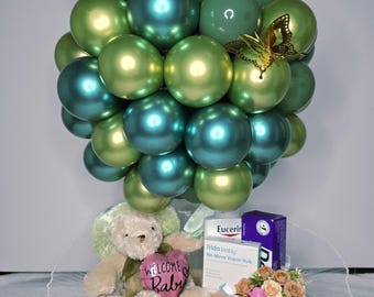 Personalized "Welcome Baby" basket with balloons, stuffed animals and newborn products