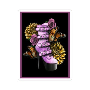 Stickers chaussures fantaisie découpées dans un baiser | Bordure rose ; Jolies fleurs et papillons, oeuvre d'art colorée amusante unique