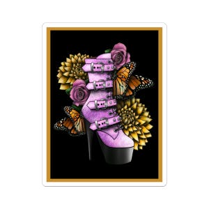 Kopie von Fantasy Schuh Kiss-Cut Stickers | Gelbe Umrandung; Hübsche Blumen und Schmetterlinge, einzigartige lustige bunte Grafik