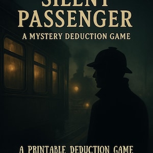 K&ouml;nnte beinhalten: Das Cover des Mystery-Deduktionsspiels The Silent Passenger. Das Bild hat eine dunkle, Vintage-&Auml;sthetik mit Text und der Silhouette einer Person mit Hut. Das Spiel beinhaltet 14 Story-Szenen und Hinweiskarten, f&uuml;r Solo- oder Gruppenspiel, und ist f&uuml;r Spieler ab 14 Jahren geeignet.